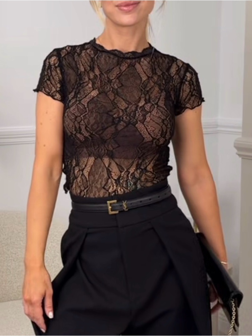 ZARA BLACK SEMI SHEER LACE CROP TOP
